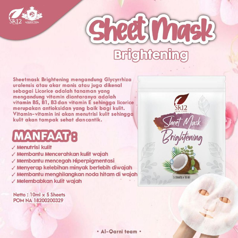 🌸🌿SHEET MASK BRIGHTENING SR12POM NA 18200200329Isi 5 sheet @10 ml(Tiap lembar volumenya  10 ml )Manfaat :SR12 SKINCARE SHEET MASK dengan kandungan Glycyrrhiza Uralensis root Extract dan coconut (Cocos Nucifera ) oil, digunakan untuk membantu mencerahkan kulit, melembabkan kulit wajah, mempertahankan kelembapan alami kulit wajah sehingga wajah terasa lebih cerah, halus dan lembut.🌸kandungan akar manisnya inilah yang membuat Sheet Mask Brightening SR12 ini berbeda dan lebih unggul dibandingkan dengan merk luaran 😎yg jarang menjual dg bahan tersebut🤗Ready stock 🤩WA/Telegram👉 0821-5799-8873AGEN RESMI SR12 HERBAL SKINCARE BALIKPAPAN KAL-TIMBisa mampir ke toko online kami👇shopee.co.id/agenresmisr12Atautokopedia.com/sr12balikpapanBisa pakai voucher free ongkir dan bisa COD juga lo... dapatkan harga terbaik sesuai katalog, dan promo menarik lainnya GERCEEP🎉🎉🎉