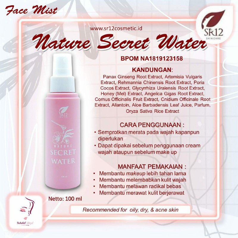 🌸🌿NATURE SECRET WATERFace mist/Facial spray ini selain untuk pengunci make up/riasan biar tahan lama tapi juga membantu melawan radikal bebas,  mencerahkan kulit wajah,  mengempeskn jerawatmu serta mencegah si jerawat nongol kembali😬 🌿🌸Bahan dasarnya pun dominan herbal alami,  maka kamu bisa mendapatkan kulit cerah glowing alami tanpa rasa khawatir.Cocok untuk kulit berjerawat, berminyak dan keringWa/telegram 👉 0821-5799-8873AGEN RESMI SR12 HERBAL SKINCARE BALIKPAPAN, KAL-TIMAtau silahkan kunjungi toko online kami di:🌿🌸    tokopedia.com/sr12balikpapan Atau🌿🌸     shopee.co.id/agenresmisr12